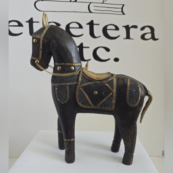 Hand Carved Wooden Horse Brass & Copper Accents Statue Figurines Set Of 2 - Picture 7 of 10